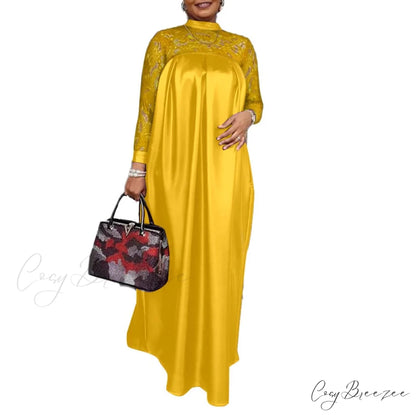 Warm-Season Long Gown Women’s Party and with Full-Length Gown Kaftan Lace Patchwork Long Neck Sleeves Bohemian Mock