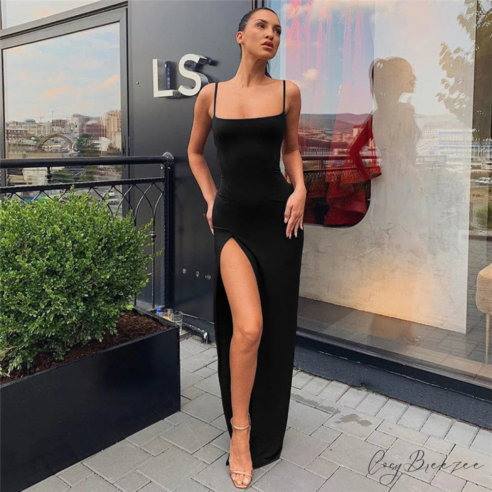 Warm-Season Long Women’s Sleeveless Elastic Gown Backless Split Robe