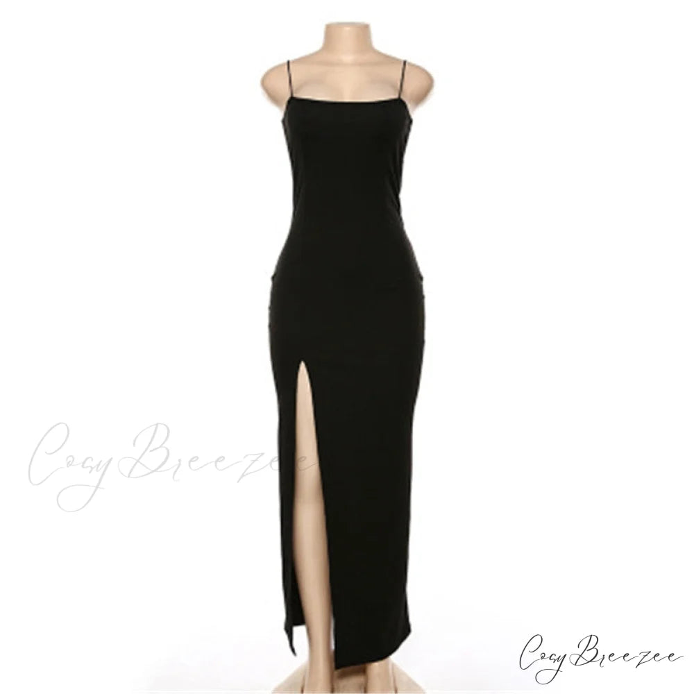Warm-Season Long Women’s Sleeveless Elastic Gown Backless Split Robe Black / S / China