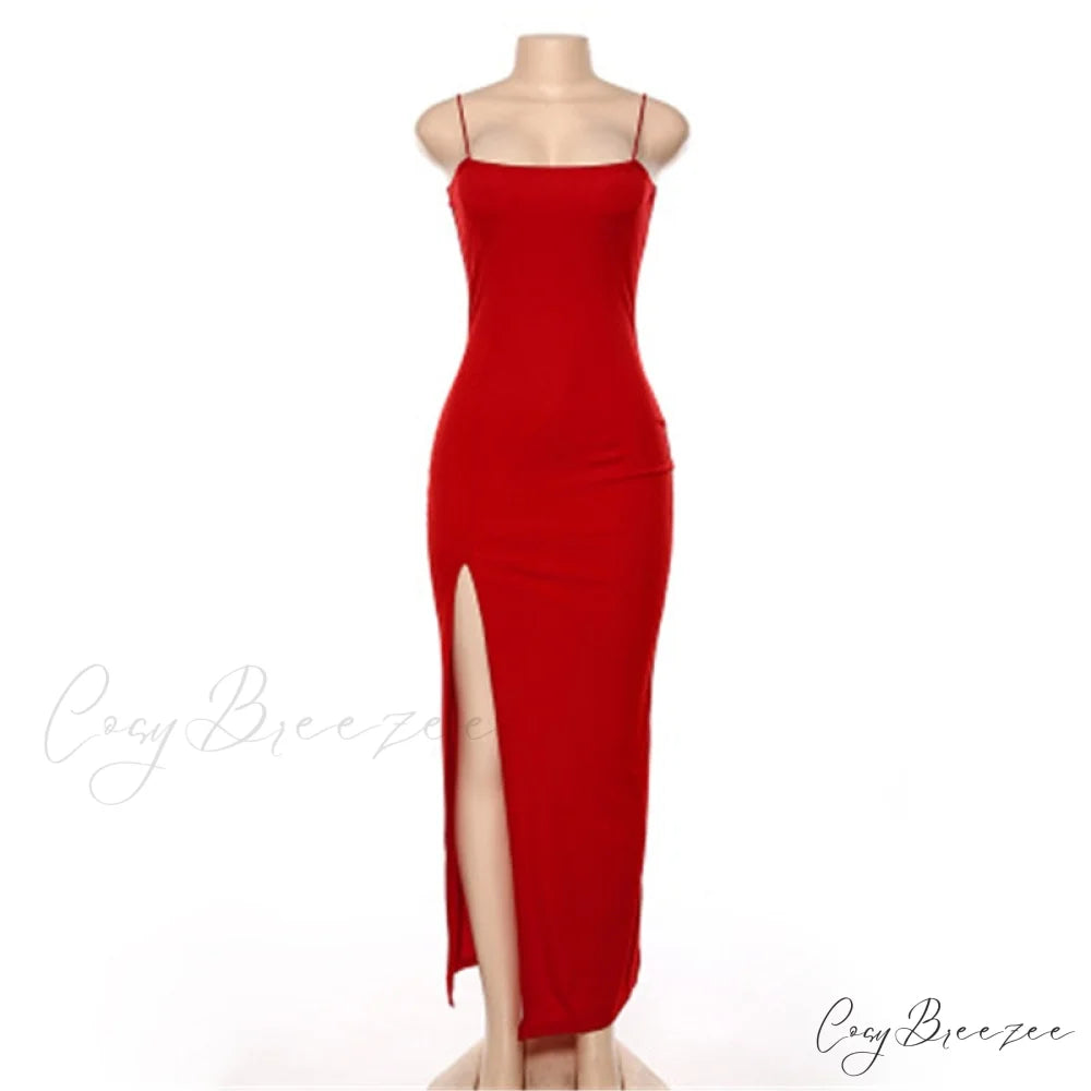 Warm-Season Long Women’s Sleeveless Elastic Gown Backless Split Robe Red / S / China