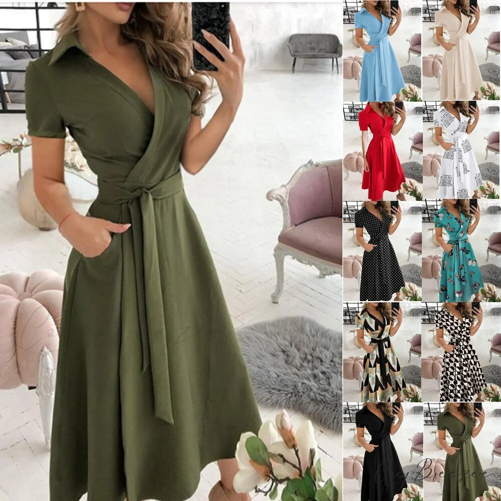 Warm-Season Retro Short-sleeved V-neck Gown Party Spring Patterned Fashion Belt