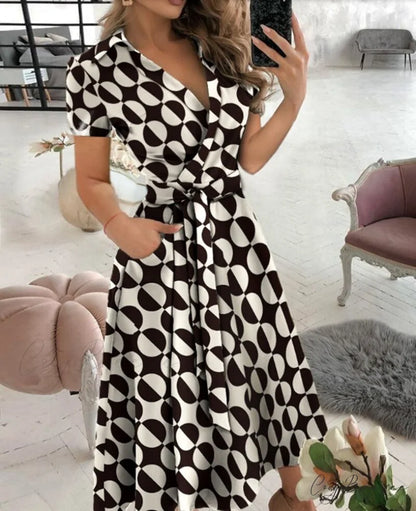 Warm-Season Retro Short-sleeved V-neck Gown Party Spring Patterned Fashion Belt Big polka dot printi / S