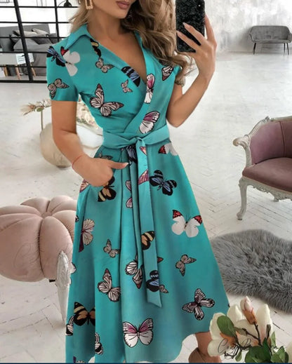 Warm-Season Retro Short-sleeved V-neck Gown Party Spring Patterned Fashion Belt Butterfly print / S