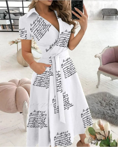 Warm-Season Retro Short-sleeved V-neck Gown Party Spring Patterned Fashion Belt Letter printing / S