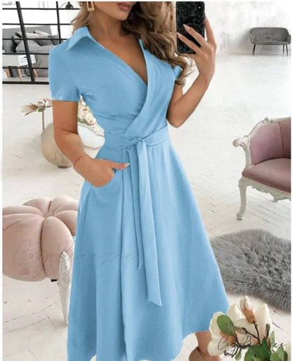 Warm-Season Retro Short-sleeved V-neck Gown Party Spring Patterned Fashion Belt Light Blue / S