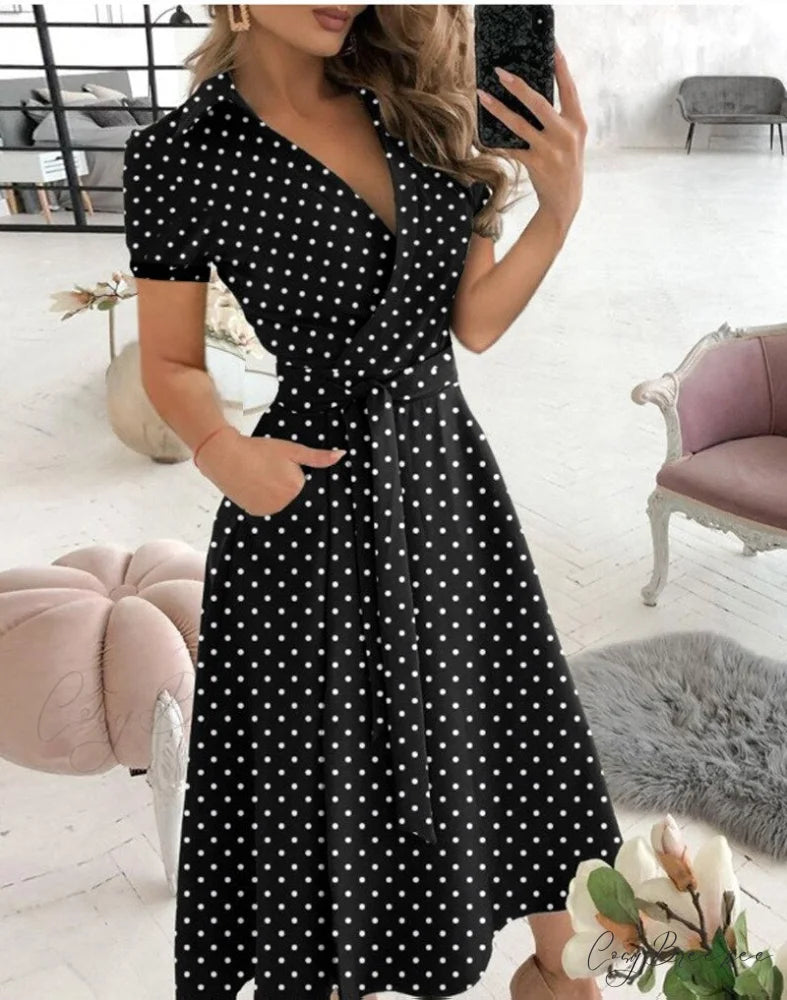 Warm-Season Retro Short-sleeved V-neck Gown Party Spring Patterned Fashion Belt Wavelet dot printing / S
