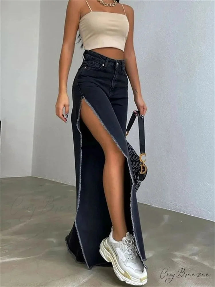 Warm-Season Y2K Cargo Split Black Long Leg Waisted Side Out Wide Pants Loose Women’s High Streetwear Casual Baggy Jeans