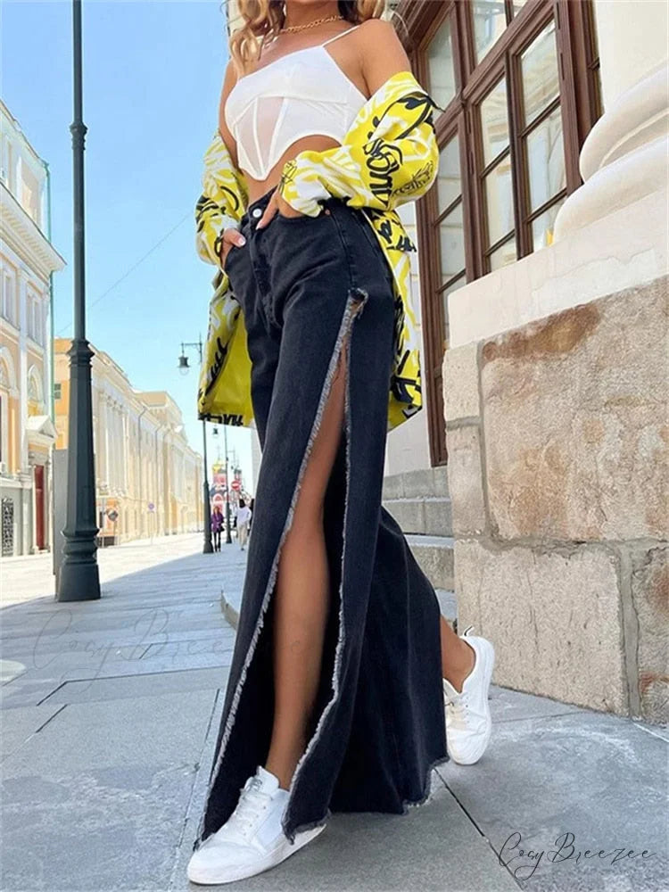 Warm-Season Y2K Cargo Split Black Long Leg Waisted Side Out Wide Pants Loose Women’s High Streetwear Casual Baggy Jeans