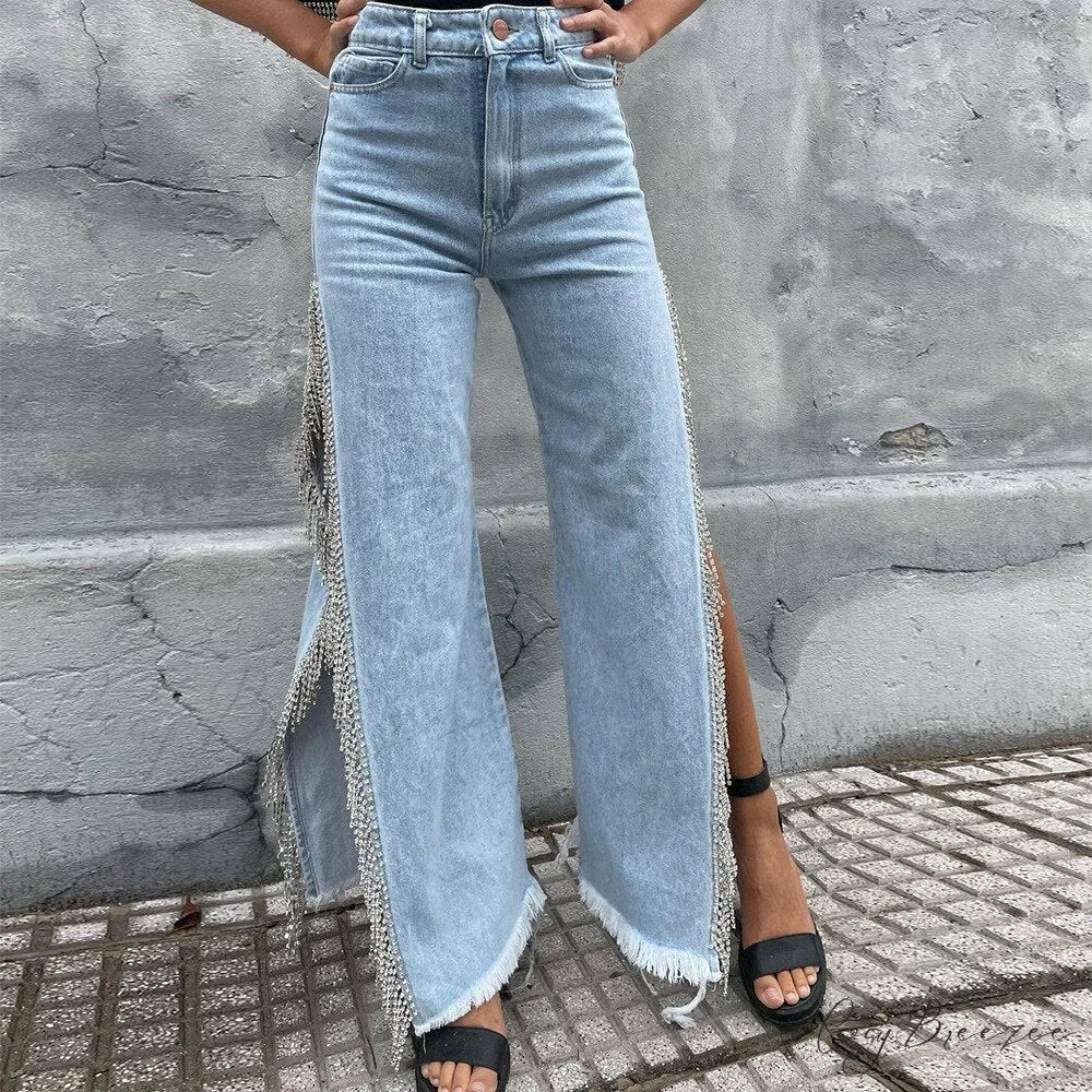 Warm-Season Y2K Cargo Split Black Long Leg Waisted Side Out Wide Pants Loose Women’s High Streetwear Casual Baggy Jeans