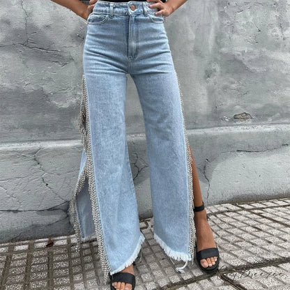 Warm-Season Y2K Cargo Split Black Long Leg Waisted Side Out Wide Pants Loose Women’s High Streetwear Casual Baggy Jeans