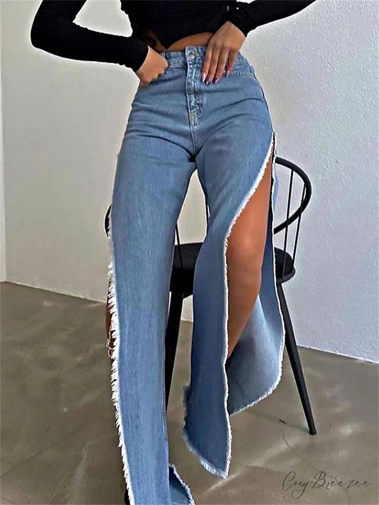Warm-Season Y2K Cargo Split Black Long Leg Waisted Side Out Wide Pants Loose Women’s High Streetwear Casual Baggy Jeans