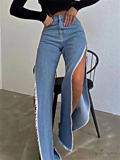 Warm-Season Y2K Cargo Split Black Long Leg Waisted Side Out Wide Pants Loose Women’s High Streetwear Casual Baggy Jeans