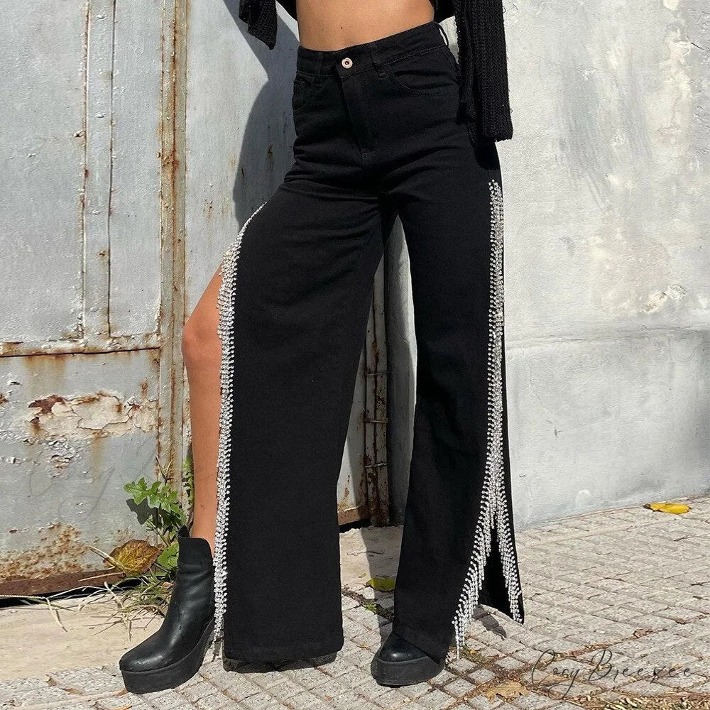 Warm-Season Y2K Cargo Split Black Long Leg Waisted Side Out Wide Pants Loose Women’s High Streetwear Casual Baggy Jeans