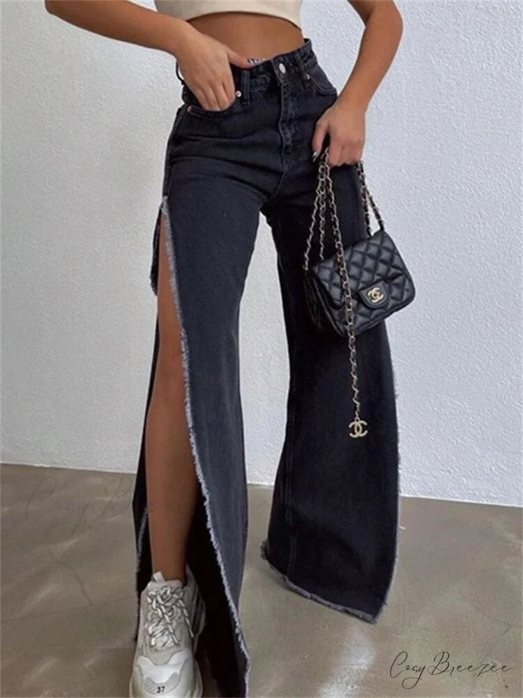 Warm-Season Y2K Cargo Split Black Long Leg Waisted Side Out Wide Pants Loose Women’s High Streetwear Casual Baggy Jeans