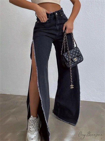 Warm-Season Y2K Cargo Split Black Long Leg Waisted Side Out Wide Pants Loose Women’s High Streetwear Casual Baggy Jeans