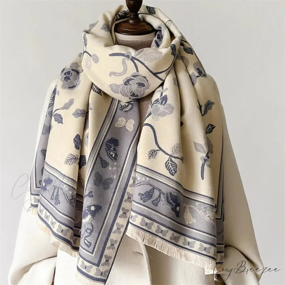 Warm Shawl Cashmere Floral Print Scarf white scarf-241228