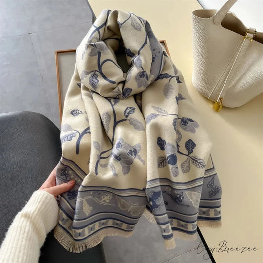 Warm Shawl Cashmere Floral Print Scarf white scarf-241228