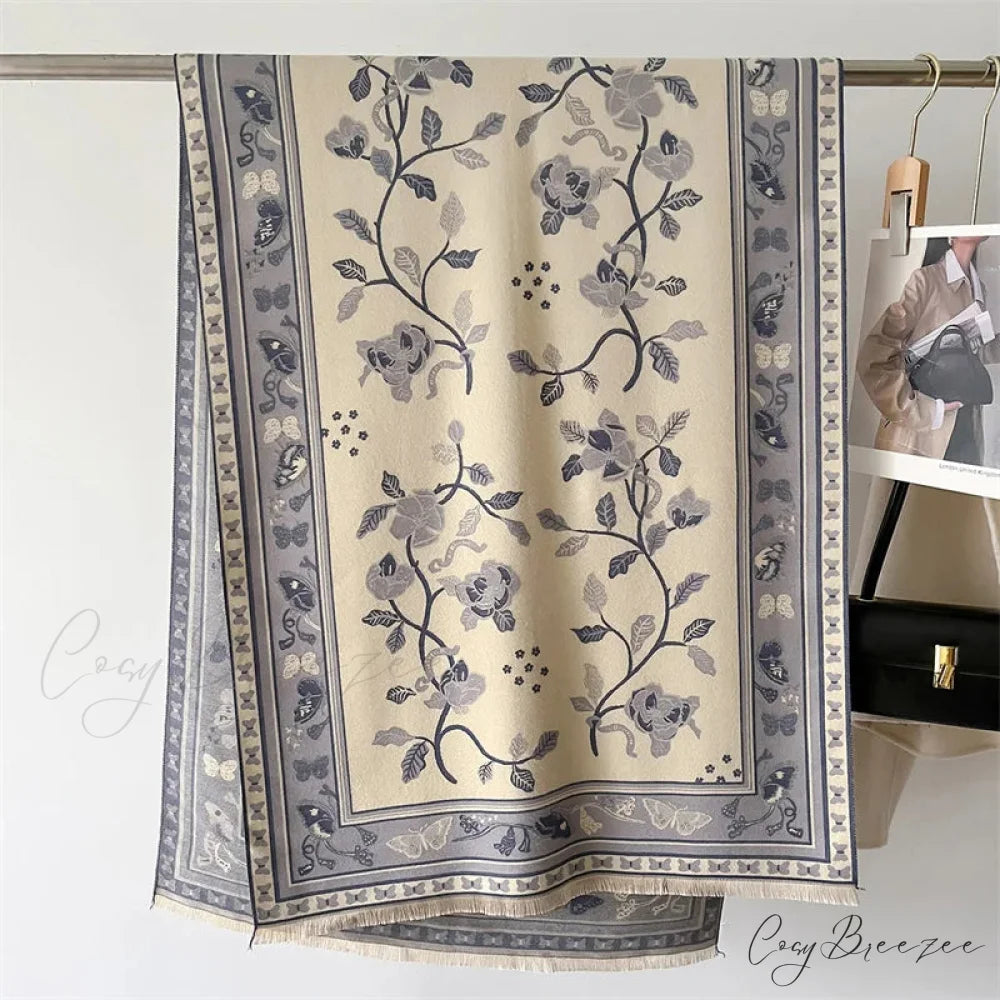 Warm Shawl Cashmere Floral Print Scarf white scarf-241228