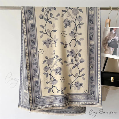 Warm Shawl Cashmere Floral Print Scarf white scarf-241228