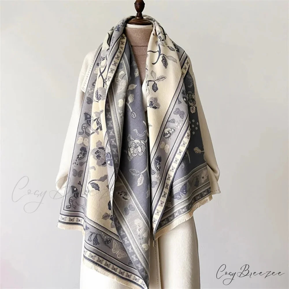 Warm Shawl Cashmere Floral Print Scarf white scarf-241228