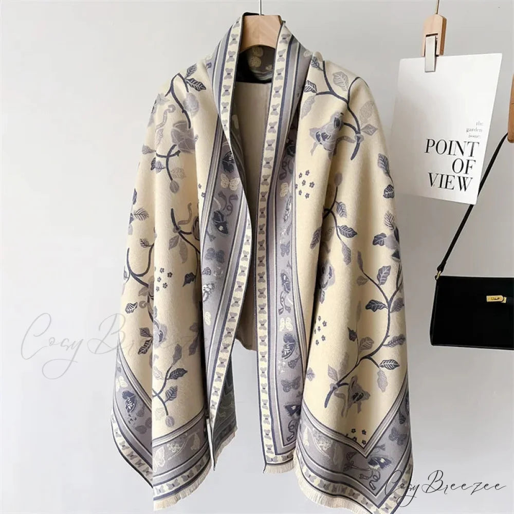 Warm Shawl Cashmere Floral Print Scarf white scarf-241228