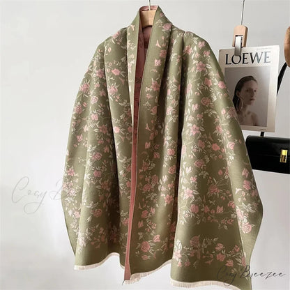 Warm Shawl Floral Print Cashmere Scarf green scarf-241228