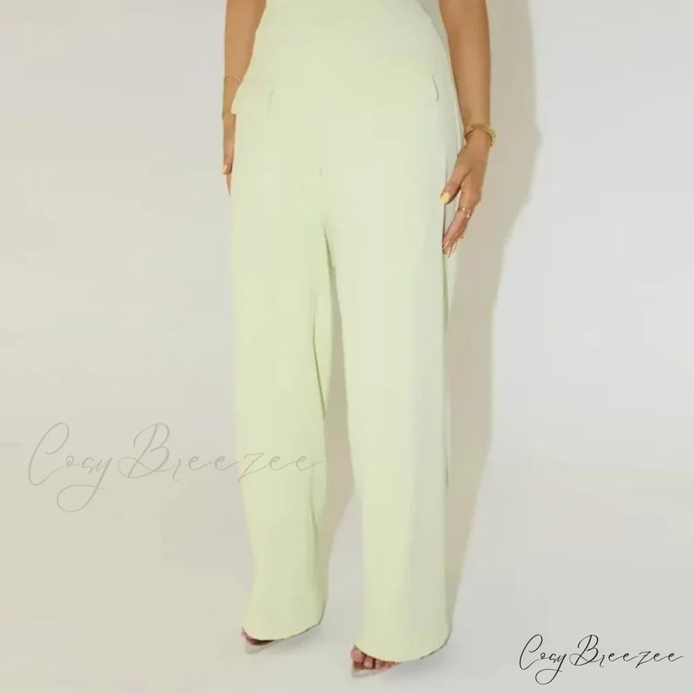 Warm Sleeveless Spacious Pants Formal Two Piece Set green pants / S officetwopieceset-250223