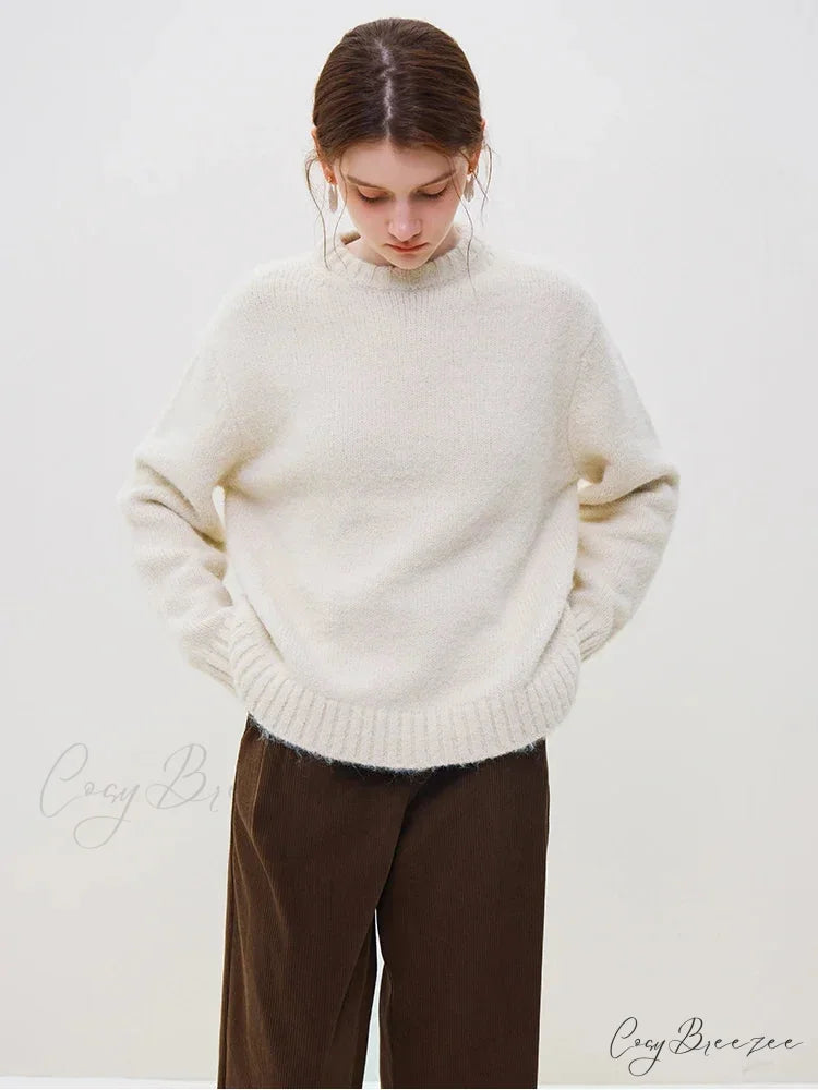 Warm Soft Waxy Round Neck Pullover Sweater creamy-white / S swraters-241228