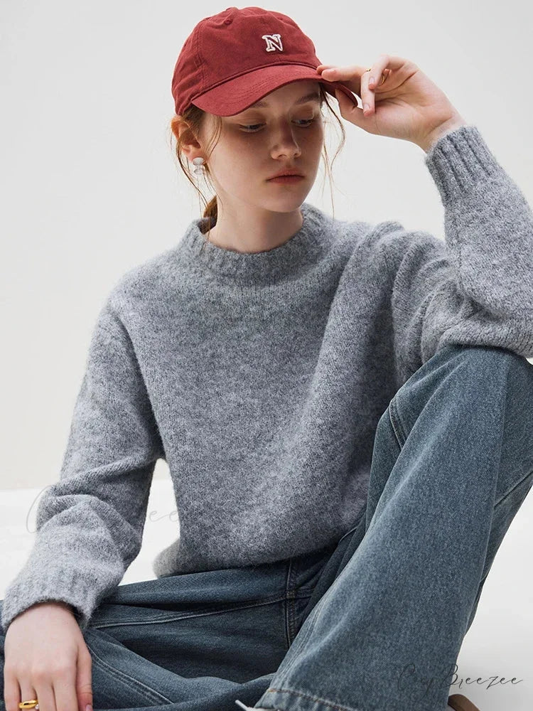 Warm Soft Waxy Round Neck Pullover Sweater GRAY / S swraters-241228