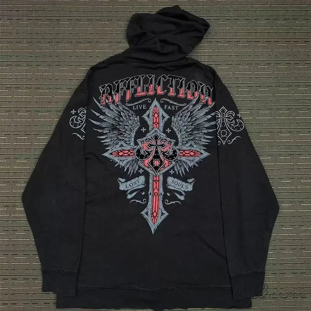 Washed Gothic Letter Zipper Hoodie black 12 / S hoodies-241228