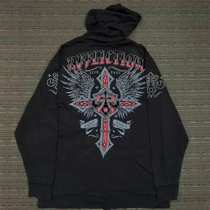 Washed Gothic Letter Zipper Hoodie black 12 / S hoodies-241228