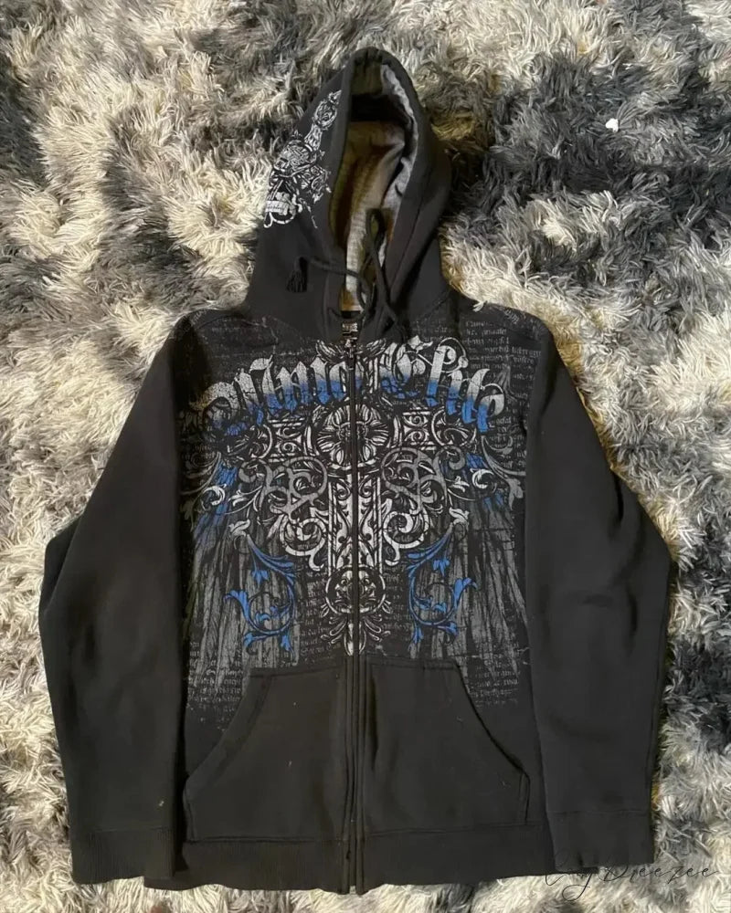 Washed Gothic Letter Zipper Hoodie black 3 / S hoodies-241228