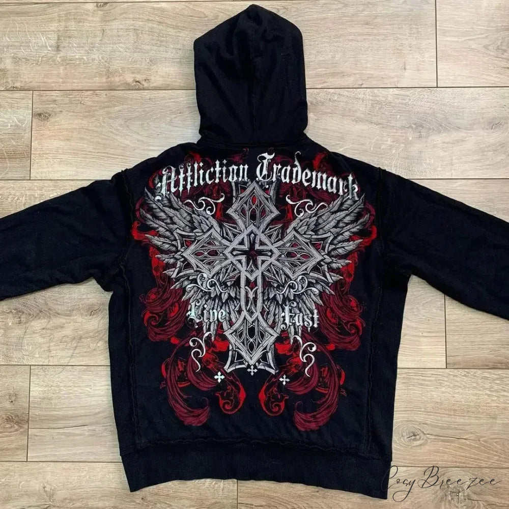 Washed Gothic Letter Zipper Hoodie black 4 / S hoodies-241228