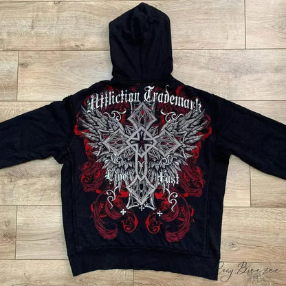 Washed Gothic Letter Zipper Hoodie black 4 / S hoodies-241228