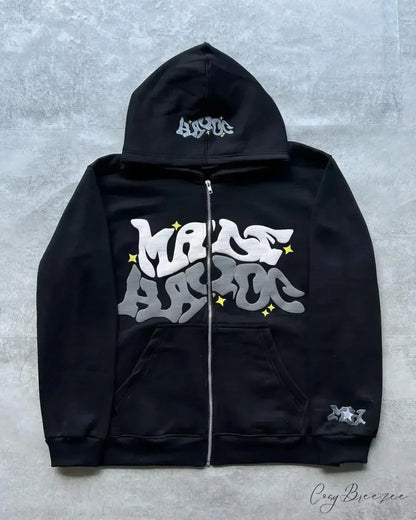 Washed Gothic Letter Zipper Hoodie black 5 / S hoodies-241228