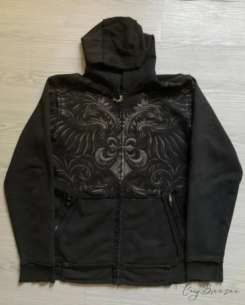 Washed Gothic Letter Zipper Hoodie black 8 / S hoodies-241228