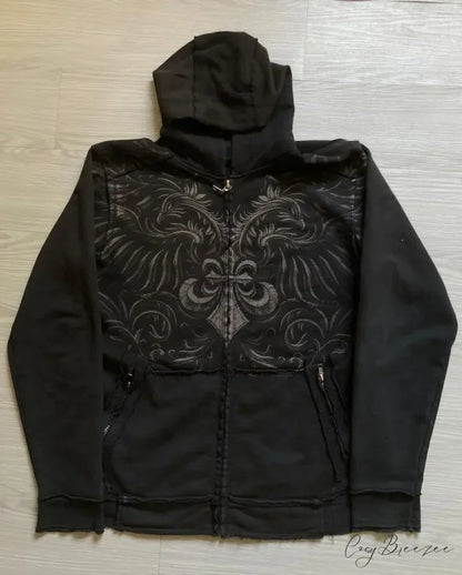 Washed Gothic Letter Zipper Hoodie black 8 / S hoodies-241228