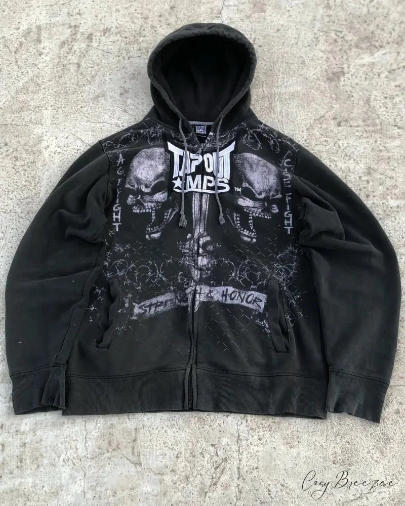 Washed Gothic Letter Zipper Hoodie black 9 / S hoodies-241228