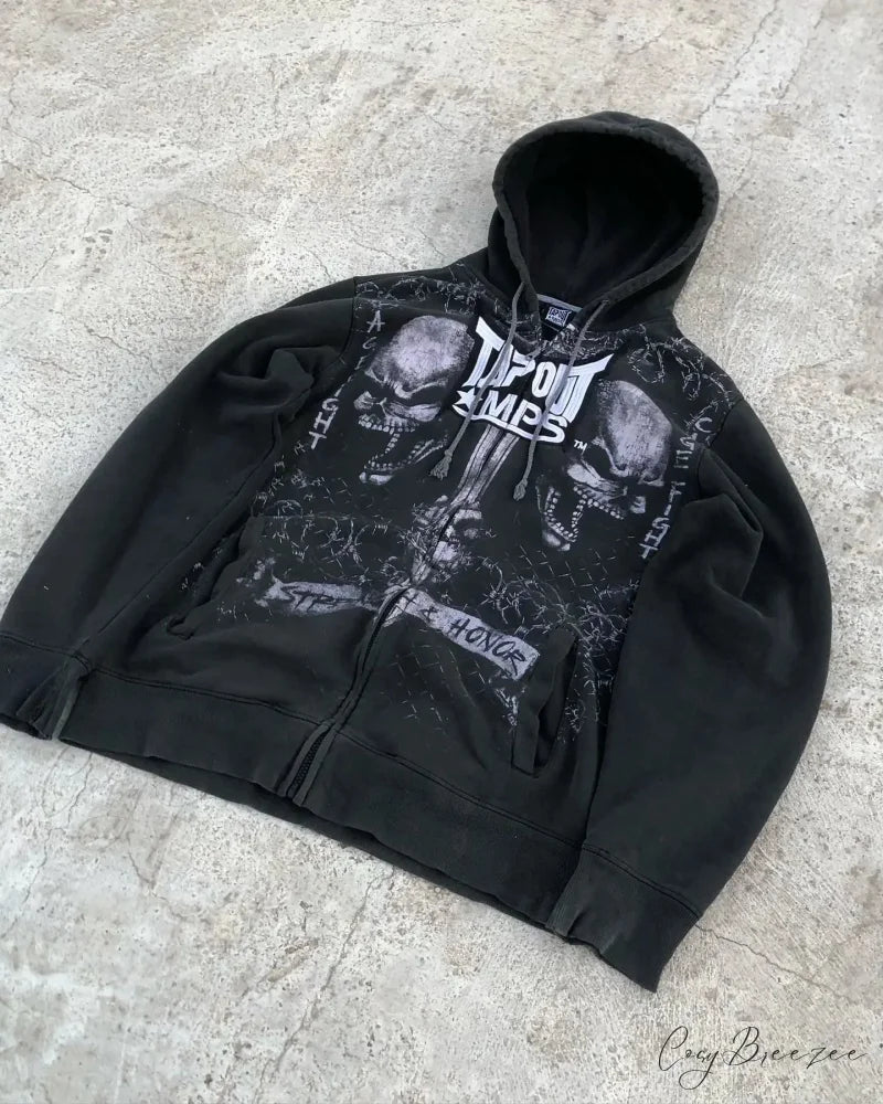 Washed Gothic Letter Zipper Hoodie hoodies-241228