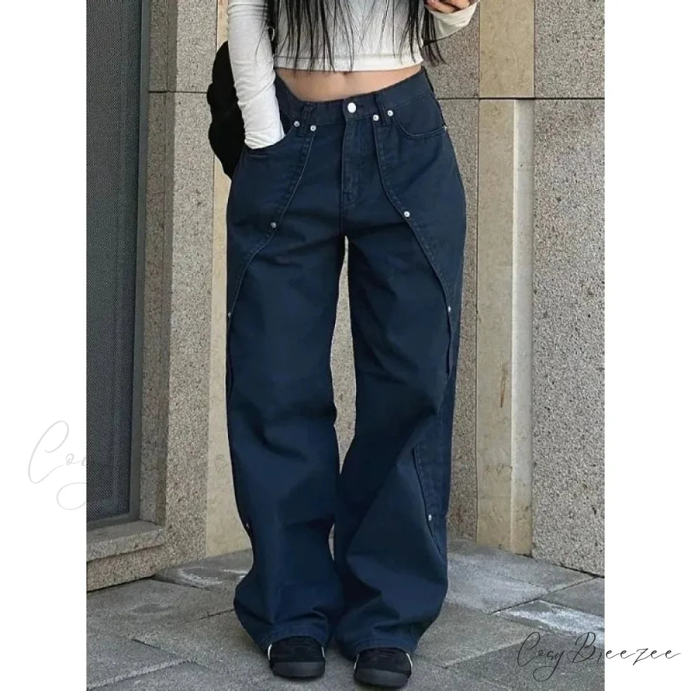 Washed Patchwork Y2K Women Jeans Pants navy / S pants-241228