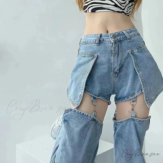 Washed Zipper Fake Ripped Denim Pants Blue / S pants-241228