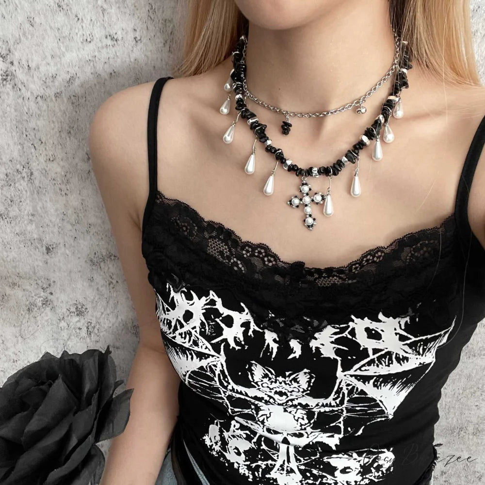 Water Drop Pearl Irregular Beaded Cross Necklace BLACK
