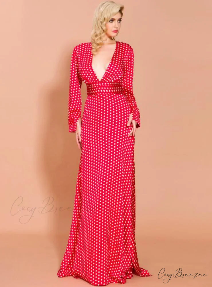 WAVE PRINT V-NECK SPLIT LONG SLEEVE DRESS M / orange