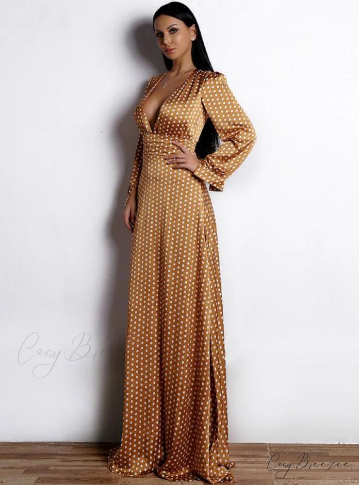 WAVE PRINT V-NECK SPLIT LONG SLEEVE DRESS S / red