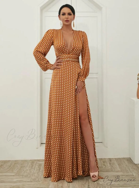 WAVE PRINT V-NECK SPLIT LONG SLEEVE DRESS XS / orange