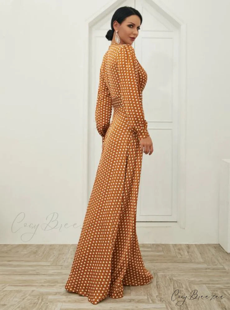 WAVE PRINT V-NECK SPLIT LONG SLEEVE DRESS XS / red