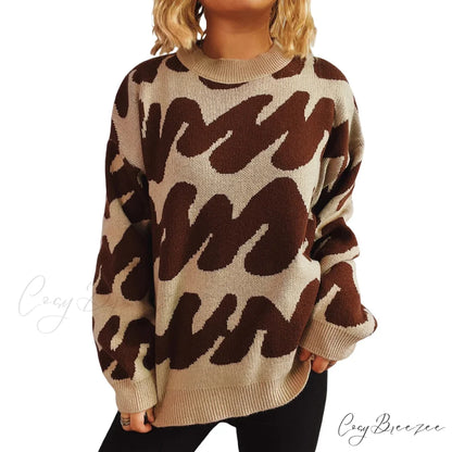 Wave Stripe Print Crew Neck Warm Sweater Dark Khaki / S swraters-241228