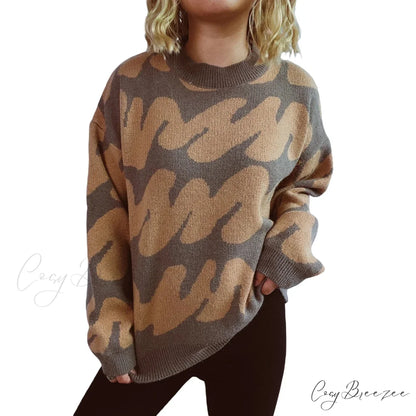 Wave Stripe Print Crew Neck Warm Sweater GRAY / S swraters-241228