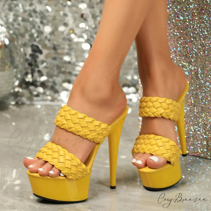 Weave Leather Platform High Heel Sandals - Peep Toe Stiletto - Big Size 43 Yellow / 34