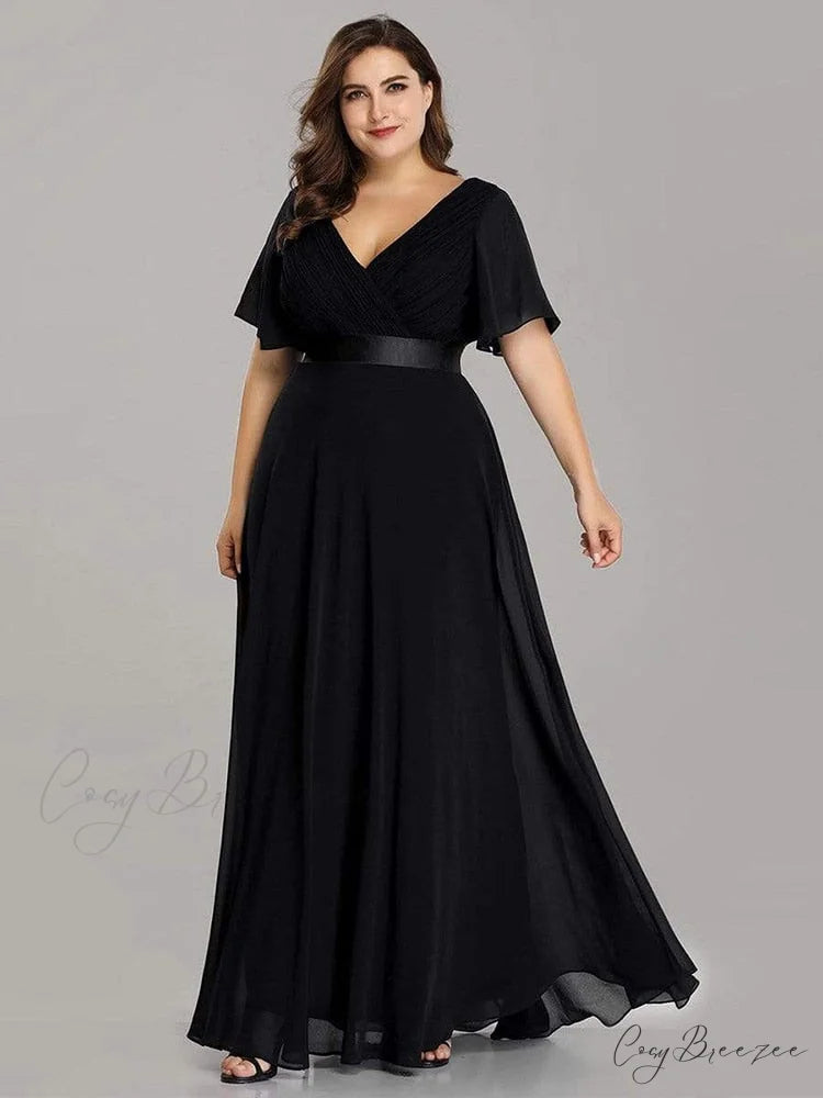 Wedding Party Elegant Gown - A Formal Neck Plus Ruffles Line Chiffon V Size Black / 4(Lable Size S)